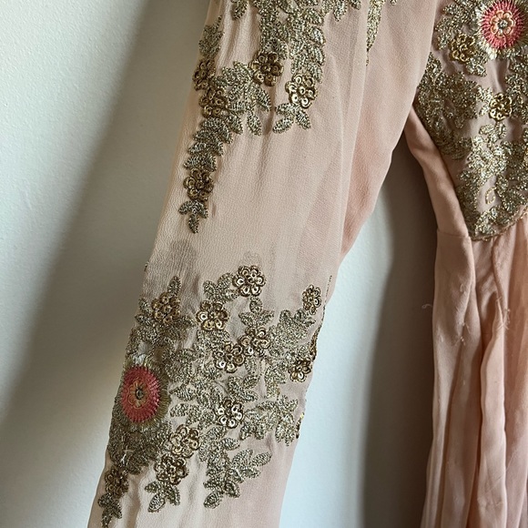 Pink Chiffon Embroidered Long Sleeve Indian Ethnic Floor Length Evening Gown - Picture 2 of 4